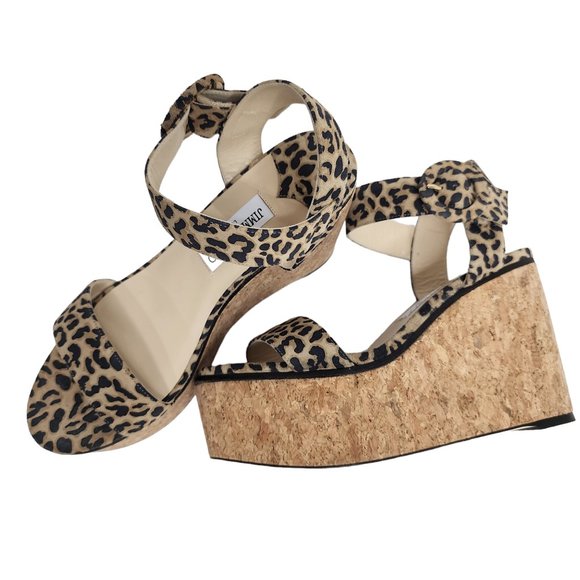 JIMMY CHOO Suede Leather Trim Wedge Heels Sandals Animal Print Light Brown 40 - Picture 9 of 10